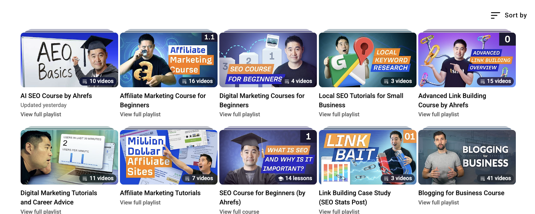Ahrefs YouTube playlists: AEO Basics, Affiliate Marketing Course, Digital Marketing Courses for Beginners, Local SEO Tutorials, Advanced Link Building, and more