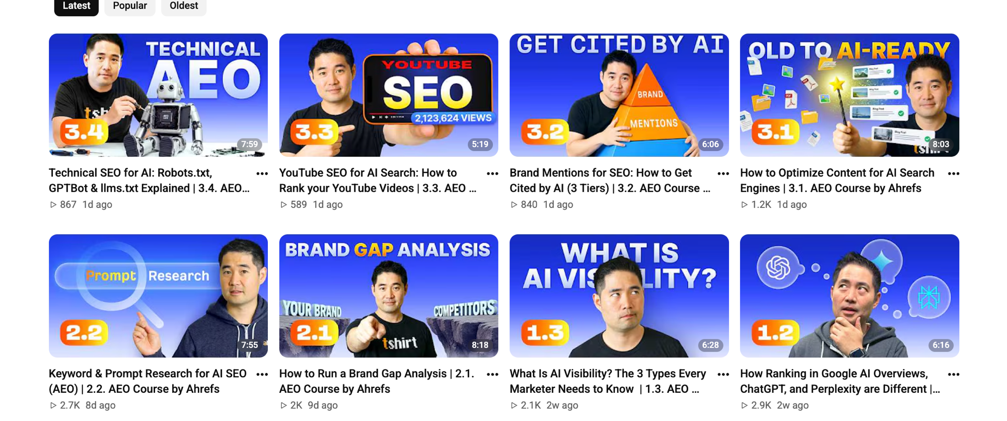 Ahrefs YouTube thumbnails: bold 2-3 word text, bright contrasting colors, host face prominent, episode numbering