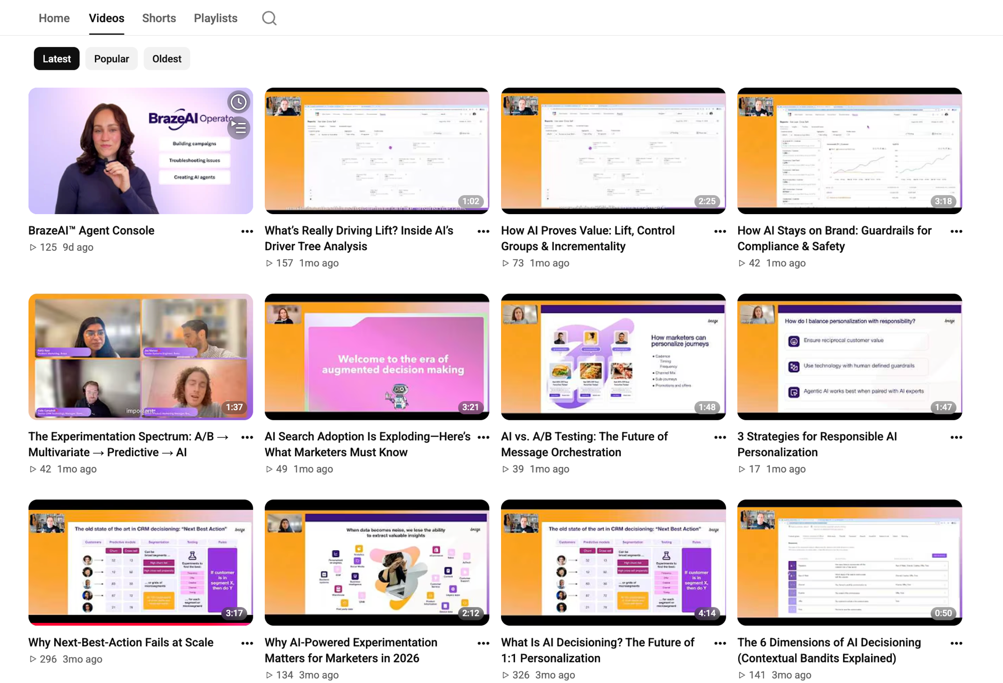 Current Braze YouTube thumbnails: muted purple backgrounds, screen-share dominant, small text