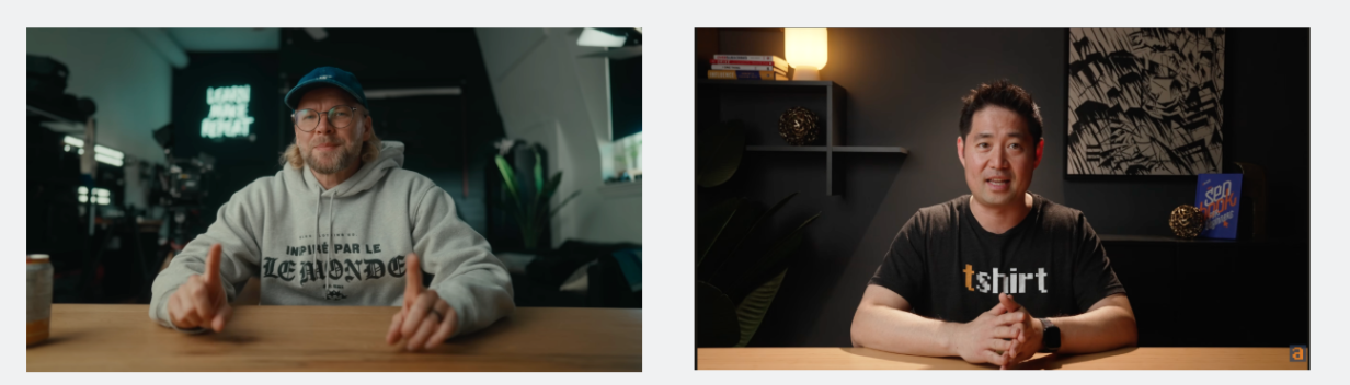 Two reference shots: hosts framed mid-torso to above head, eye-level camera, clean background, consistent setup